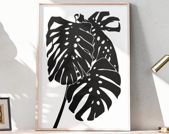 Botanical Minimal Modern Wall Art Print of Monstera Plant, Digital Download, Floral Monochrome Printable in Black and White Colors