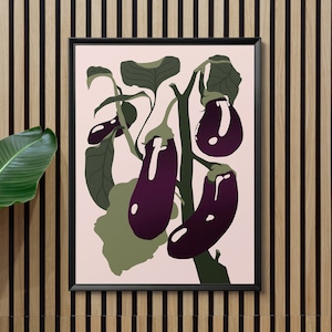 Autumn Vegetable Wall Art Print of Eggplant, Digital Download of Abstract Botanical Printable in Purple, Green, Pink