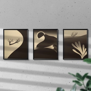 Vintage Wall Art Print Set Of Three Abstract Poster of Sand Dune Landscapes Instant Download Digital Printable Wall Art in Beige, Brown