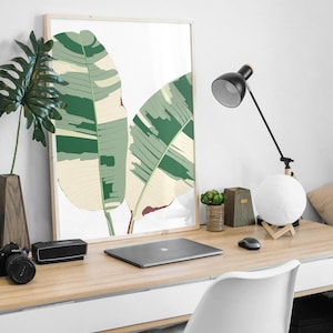 Boho Minimal Abstract Wall Art Print of Banana Leaves, Digital Download, Modern Botanical Printable Poster in Green, Sage, Beige Colors