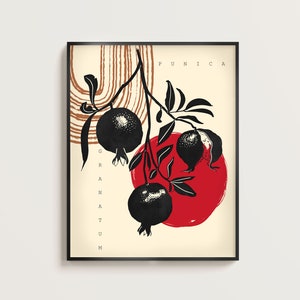 Japandi Abstract Wall Art Print of Pomegranate Tree Branch, Digital Printable, Botanical Wall Art Instant Download, Boho, Red, Beige