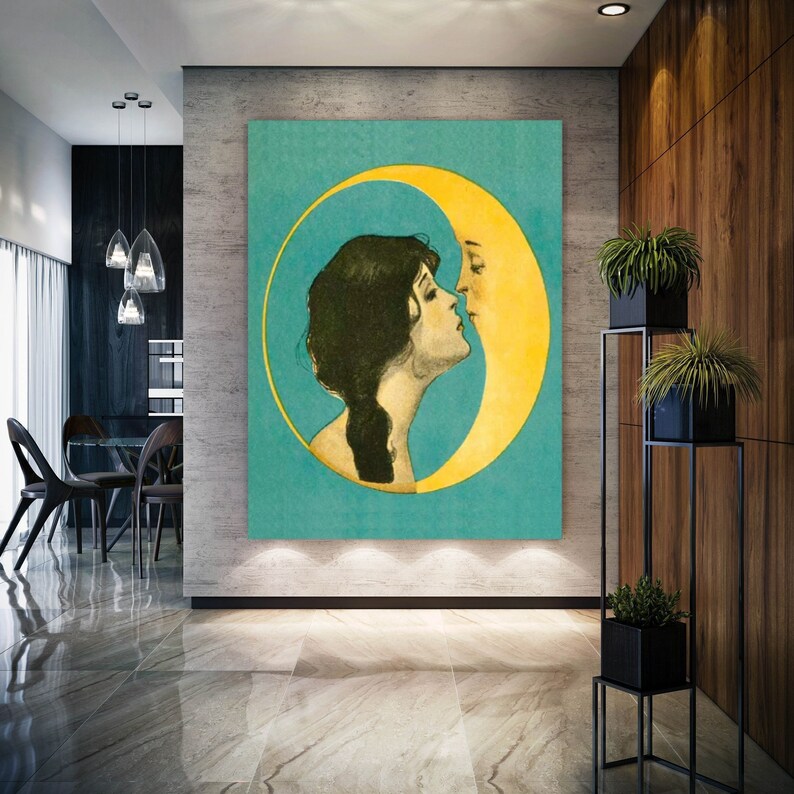 Antique Moon Face Art Nouveau Art Deco Crescent Moon Poster Etsy