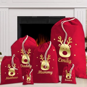 Personalised Christmas Santa Sacks Kids Adults Red With Reindeer and Personalised With Any Name
