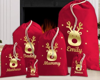 Personalised Christmas Santa Sacks Kids Adults Red With Reindeer and Personalised With Any Name