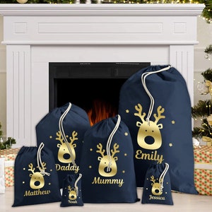 Personalised Christmas Santa Sacks Navy Kids Adults with Reindeer and Personalised with Any Name