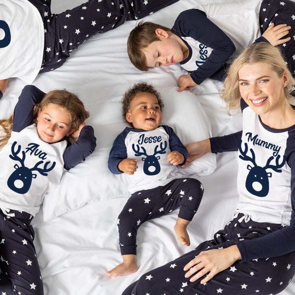 Personalised Matching Family Christmas Pyjamas Navy Stars Reindeer Loungewear