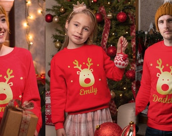Personalised Christmas Jumper Sweatshirt Kids Adults Red Jumper With Reindeer and Personalised With Any Name