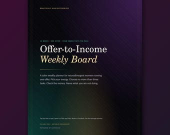 Weekly Business Planner for Neurodivergent Women | Fillable PDF + Spreadsheet | 12-Week Low-Energy Offer-to-Income Board