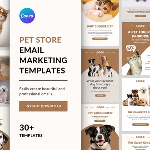 Może przedstawiać: Zbiór ponad 30 szablonów marketingu e-mailowego dla sklepów zoologicznych. Szablony prezentują różne projekty z obrazami psów i kotów oraz tekstem, takim jak "Szablony marketingu e-mailowego dla sklepów zoologicznych", "Łatwo twórz piękne i profesjonalne wiadomości e-mail", "Natychmiastowe pobranie", "Ponad 30 szablonów", "Dlaczego warto wybrać nas?", "Raj dla miłośników zwierząt", "Poznaj nas", "Co mówi o Tobie Twoja ulubiona rasa psa", "Salon pielęgnacji zwierząt", "Idealny prezent dla zwierząt", "Zdrowie zwierząt", "Pielęgnacja zwierząt".