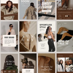 Puede incluir: Una colección de publicaciones en redes sociales para una marca de ropa. Las publicaciones presentan imágenes de ropa, modelos y texto que promociona ventas y nuevas llegadas. El texto incluye frases como "¡Nuevo! Otoño 35", "Estilo sin esfuerzo" y "Nuestra marca".