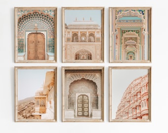 Set of 6 Jaipur Print, Digital Boho wall art, India Print, Bohemian Decor, Door Print, Indian Architecture Print, Colorful India Wall Art