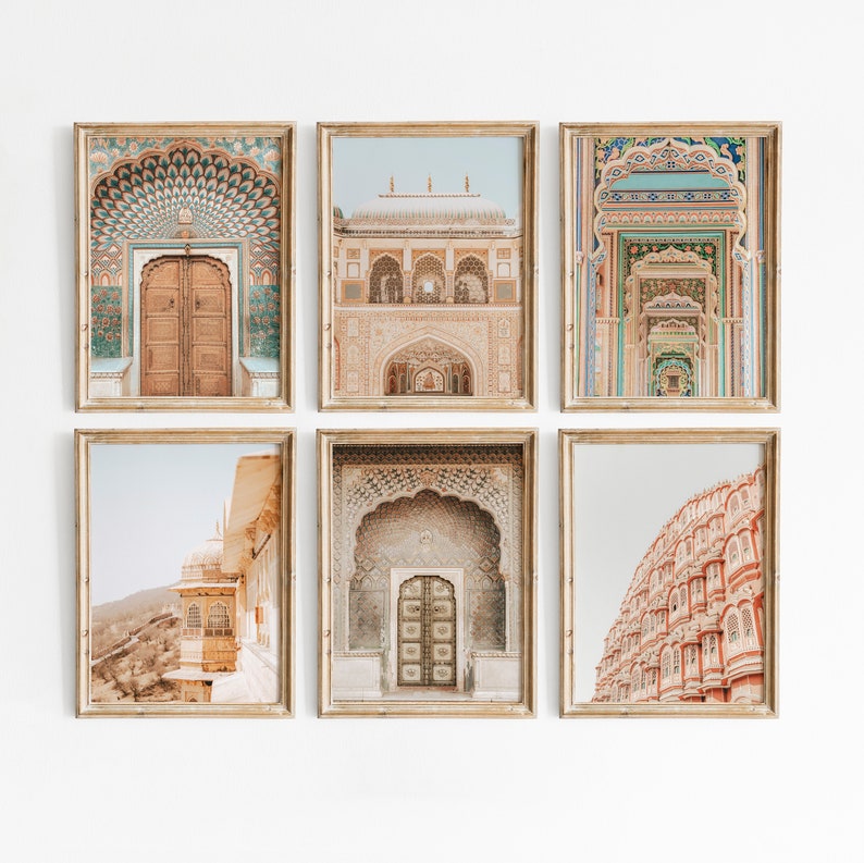 Set of 6 Jaipur Print, Digital Boho wall art, India Print, Bohemian Decor, Door Print, Indian Architecture Print, Colorful India Wall Art image 1