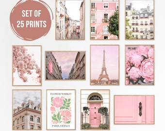 Puede incluir: Un conjunto de 25 impresiones de arte de pared imprimibles con escenas parisinas. Las impresiones incluyen imágenes de edificios rosas, un mercado de flores, la Torre Eiffel y flores de cerezo. Las impresiones son perfectas para agregar un toque de encanto parisino a cualquier habitación.