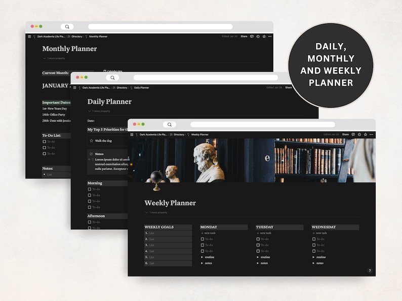 Dark Academia Notion Planner, All In One Notion Template, Personal Planner, Dark Mode Planner, Daily, Weekly, Monthly Planner 2025 image 4