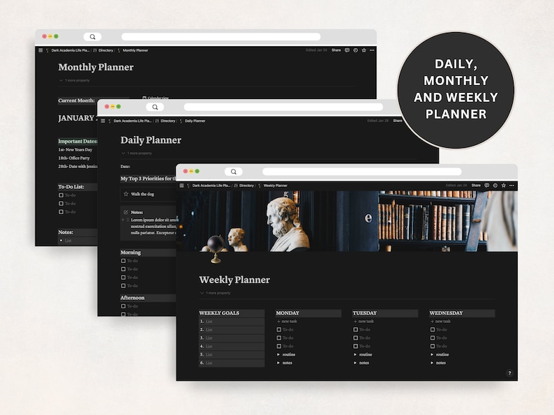 Dark Academia Notion Planner, All In One Notion Template, Personal Planner, Dark Mode Planner, Daily, Weekly, Monthly Planner 2024 image 4
