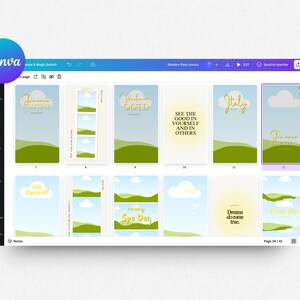 May include: A collection of 12 digital designs featuring a blue sky with white clouds and green hills. The designs include text such as "Summer Routine", "Weekend OOTD", "See the good in yourself and in others", "Italy", "June Essentials", "Hello Summer", "Relaxing Spa Day", "Dreams do come true", and "Picnic Day".