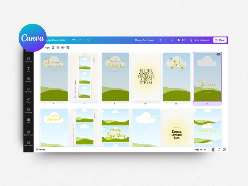 May include: A collection of 12 digital designs featuring a blue sky with white clouds and green hills. The designs include text such as "Summer Routine", "Weekend OOTD", "See the good in yourself and in others", "Italy", "June Essentials", "Hello Summer", "Relaxing Spa Day", "Dreams do come true", and "Picnic Day".