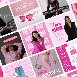 Puede incluir: Un collage de publicaciones en redes sociales en rosa y blanco para una marca de ropa. Las publicaciones presentan imágenes de mujeres que visten ropa, texto sobre nuevas llegadas y ventas. El texto incluye "Nuevo en stock", "Nueva llegada", "Smart Casuals" y "Black Friday".