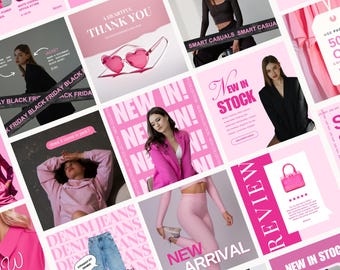 Op de afbeelding: Een collage van roze en witte social media berichten voor een kledingmerk. De berichten bevatten afbeeldingen van vrouwen die kleding dragen, tekst over nieuwe aankomsten en verkopen. De tekst omvat "Nieuw in voorraad", "Nieuwe aankomst", "Smart Casuals" en "Black Friday".