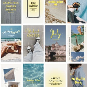 May include: A collage of images with text overlays. The images include a person in a swimsuit on a beach, a person's feet wearing trainers, a view of a bridge and buildings in Italy, a person in a swimming pool, a person holding a glass of wine, a person wearing a blue shirt, and a straw hat. The text overlays include "Friday Feeling", "Weekend OOTD", "Italy", "Sunday Vibes", "My Digital Diary", and "Self Care Habits".