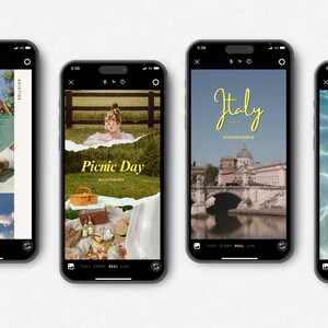 May include: Four different phone screens with social media posts. The first screen shows a collage of photos with a blue sky, a woman laying on a beach, and a hand holding a glass of wine. The second screen shows a collage of photos with a picnic scene, a woman sitting on a bench, and the text "Picnic Day". The third screen shows a photo of a bridge and the text "Italy". The fourth screen shows a photo of a blue pool and the text "Sunday Vibes".