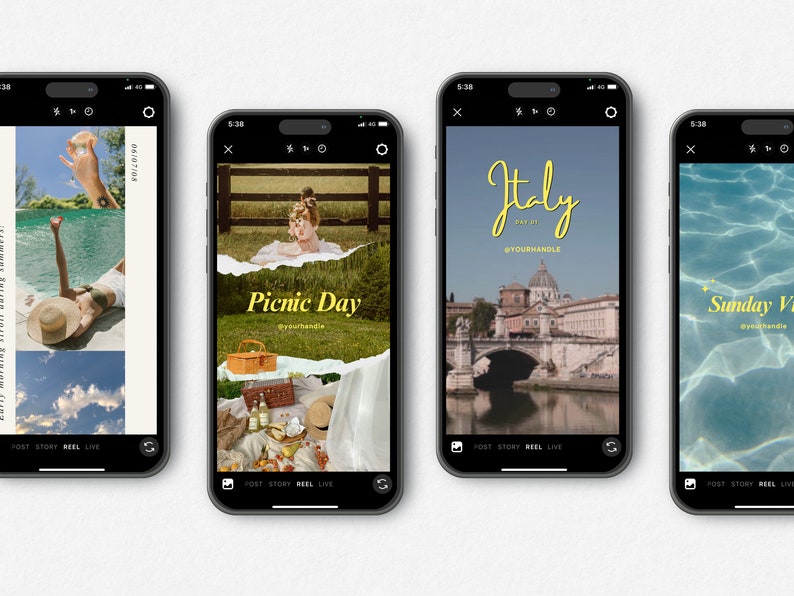 May include: Four different phone screens with social media posts. The first screen shows a collage of photos with a blue sky, a woman laying on a beach, and a hand holding a glass of wine. The second screen shows a collage of photos with a picnic scene, a woman sitting on a bench, and the text "Picnic Day". The third screen shows a photo of a bridge and the text "Italy". The fourth screen shows a photo of a blue pool and the text "Sunday Vibes".
