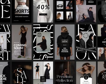 Fashion Instagram Story Canva Template Posts for Fashion Brands, Black and White Fashion Blogger Ig Stories