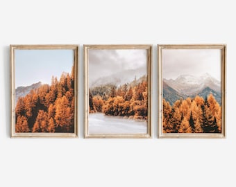 Fall Gallery Wall Set of 3, Cosy Autumn Print Set, Fall Leaves, Fall Mountain Forest, Autumn Forest Print Wall Decor, Farmhouse Fall Decor