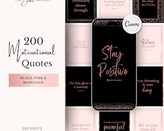 200 motivierende Zitate Canva Vorlage | Schwarz Rosa Rose Gold Instagram Posts | Feminine Boss Babe Social-Media-Inhalte | Zitate Instagram