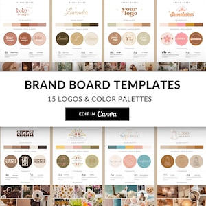 Puede incluir: Una colección de 15 plantillas de tablero de marca que incluyen logotipos y paletas de colores. Las plantillas están diseñadas en un estilo moderno y minimalista, con un enfoque en tonos terrosos y elementos naturales. Cada plantilla incluye un logotipo, una paleta de colores, tipografía y un tablero de estado de ánimo.