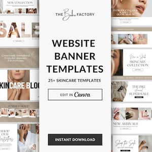 Op de afbeelding: Een verzameling websitebanner-sjablonen voor huidverzorgingsbedrijven. De sjablonen hebben een minimalistische esthetiek met een neutrale kleurenpalet van wit, beige en bruin. De tekst bevat zinnen als "Nieuwe collectie", "Huidverzorgingsblog", "Zomerse stemming" en "Shop onze bestsellers".