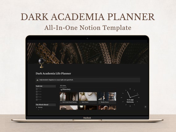 Dark Academia Notion Planner, All In One Notion Template, Personal Planner, Dark Mode Planner, Daily, Weekly, Monthly Planner 2025