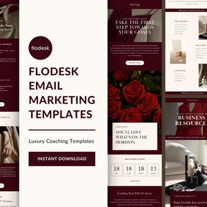 Op de afbeelding: Een promotieafbeelding voor Flodesk e-mailmarketing templates. Het ontwerp heeft een bordeauxrode en crèmekleurige kleurstelling met de tekst "FLODESK EMAIL MARKETING TEMPLATES" en "Luxury Coaching Templates". De afbeelding bevat verschillende lay-outs en designelementen.