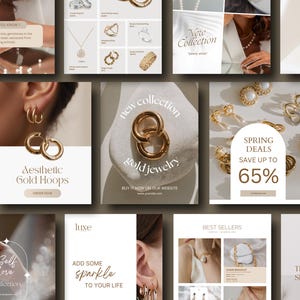 Op de afbeelding: Een collectie gouden sieraden, waaronder oorringen, kettingen, ringen en armbanden, gepresenteerd tegen een neutrale achtergrond. Sommige afbeeldingen bevatten tekst zoals "Nieuwe Collectie" en "Lente Deals tot 65% korting", die de sieraden promoten.