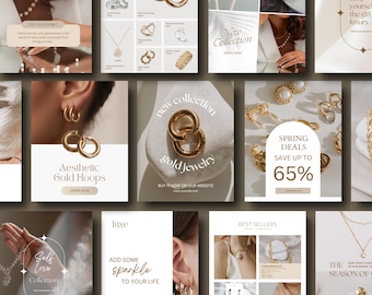 100 Schmuck Instagram Vorlagen für Canva, ästhetisches Schmuck Social Media Branding, luxuriöse Canva Vorlagen, modernes ästhetisches Instagram