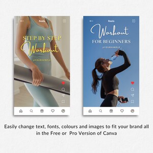 May include: Two Instagram Reels templates for workout videos. The first template features a woman holding a yoga mat and the text "STEP BY STEP Workout @YOURHANDLE". The second template features a woman drinking water and the text "Workout FOR BEGINNERS @YOURHANDLE".