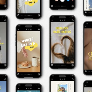 May include: Nine different phone screens displaying various social media posts. The posts include text such as "Hi, My Name is Emily", "What I Eat in a Day", "Healthy Hair Habits", "Hello Summer", and "Skincare Essentials".