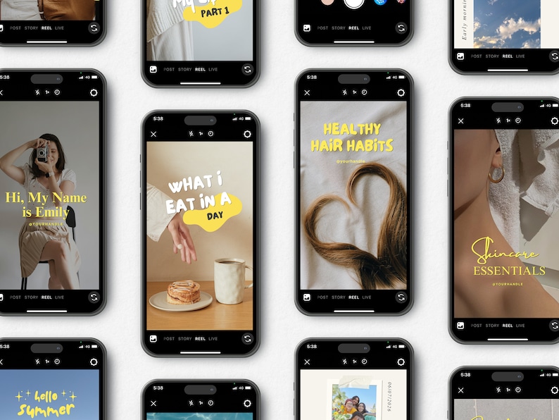 May include: Nine different phone screens displaying various social media posts. The posts include text such as "Hi, My Name is Emily", "What I Eat in a Day", "Healthy Hair Habits", "Hello Summer", and "Skincare Essentials".