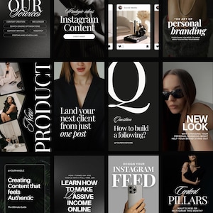 Puede incluir: Una colección de plantillas de publicaciones de Instagram en blanco y negro con superposiciones de texto. Los temas incluyen marca personal, creación de contenido y estrategia de Instagram. La estética es moderna y minimalista.