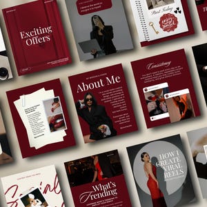May include: A selection of maroon and white social media templates. The templates display text such as "Exciting Offers," "About Me," and "How I Create Viral Reels." The image suggests a theme related to social media marketing and content creation.