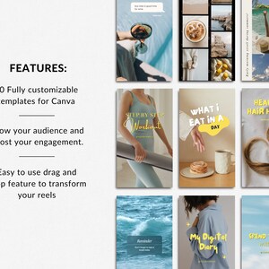 May include: A collection of 30 customizable Canva templates for social media. The templates feature a variety of designs, including a step-by-step workout, what to eat in a day, healthy hair habits, a reminder, a digital diary, and spending the day with someone. The templates are designed to help users grow their audience and boost engagement.
