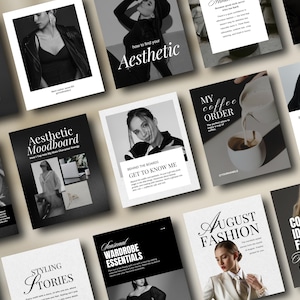 Puede incluir: Una colección de páginas de estilo revista en blanco y negro con texto e imágenes. Los títulos incluyen "Aesthetic Moodboard", "August Fashion" y "Content Ideas for Fashion Creatives". Las páginas presentan contenido de moda y estilo de vida.