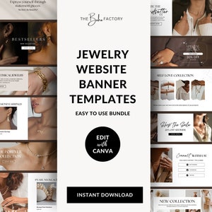Puede incluir: Una colección de plantillas de banners de sitio web para empresas de joyería. Las plantillas presentan imágenes de joyas, superposiciones de texto y una llamada a la acción para editar con Canva. El texto "JEWELRY WEBSITE BANNER TEMPLATES" se muestra en un tamaño de fuente grande.