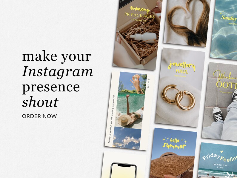 May include: A collage of nine Instagram story templates with various themes, including unboxing, jewelry haul, summer, and weekend outfit. The templates feature a mix of text, images, and graphics in a modern and trendy style.