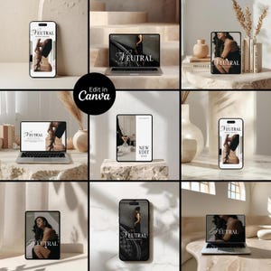 Può includere: Una collezione di dispositivi digitali, tra cui smartphone, laptop e tablet, che mostrano la parola "NEUTRAL" in una scrittura elegante. I dispositivi mostrano una donna con un vestito nero. L'immagine è stilizzata con toni neutri ed elementi decorativi.