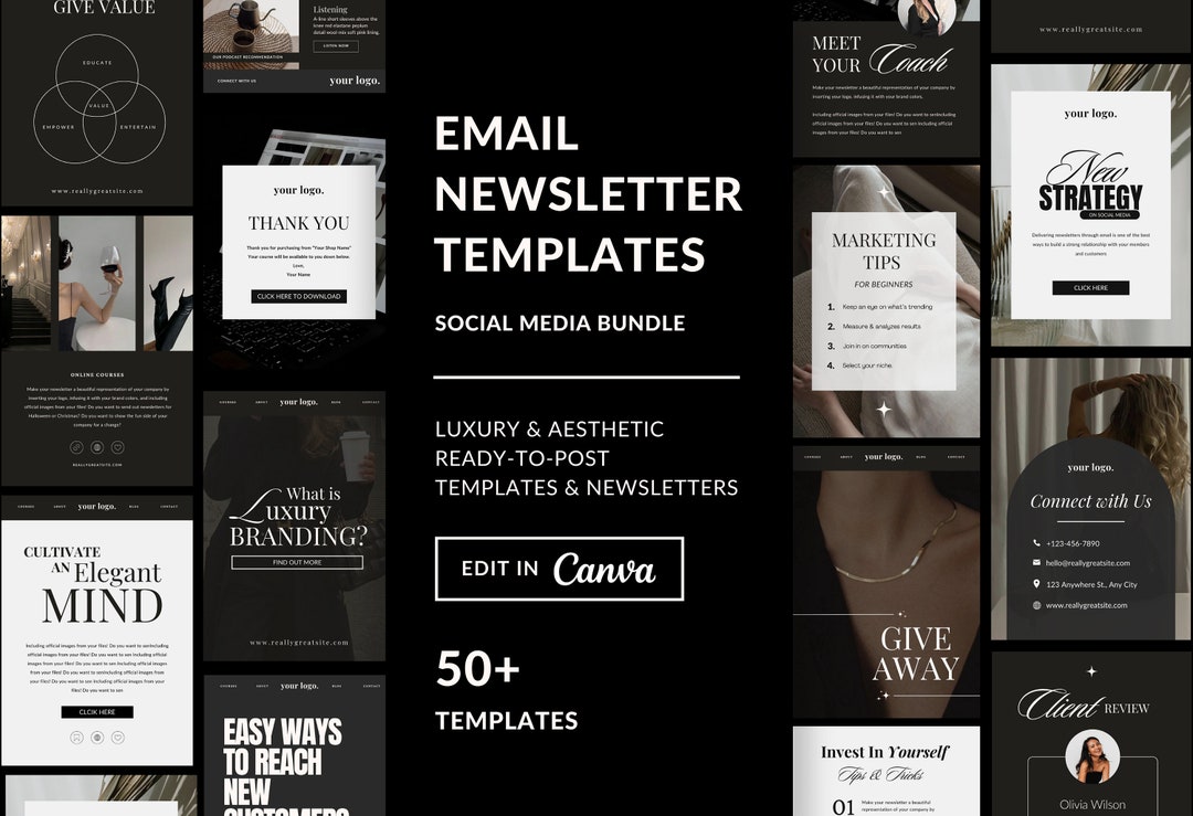 Dark Aesthetic Email Marketing Template Canva, Editable Templates for Coaches & Social Media ...