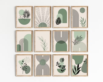 Boho Printable Wall Art, Set of 12 Modern Nordic Green Prints, Minimalist Living Room Wall Decor, Sage Green Art Shapes Hallway Print