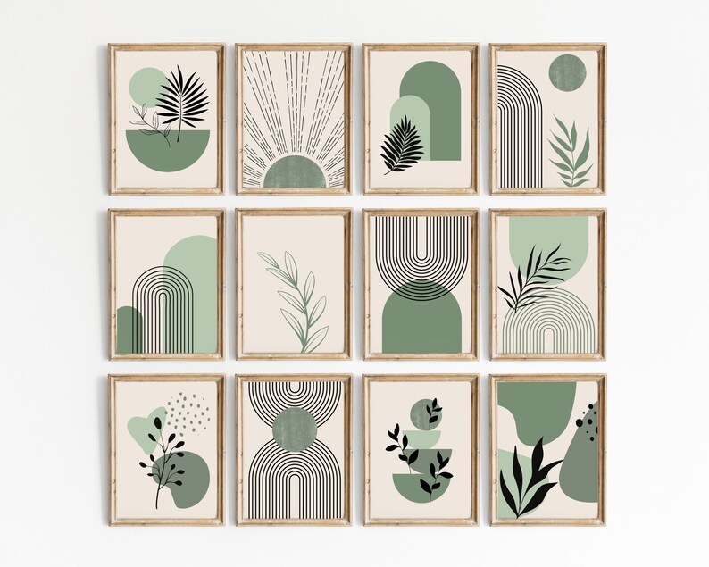 Sage Green Set of 12 Prints Boho Wall Decor Mid Century - Etsy