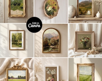 Vintage Frame Mockup Bundle Canva, Antique Gold Wood Frames Wall Art Mockups, Canva Drag & Drop Frame ( 3000x3000 px)