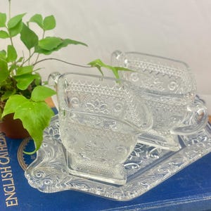 Indiana Glass Tiara 3 Piece Sugar & Creamer Set with Tray - Vintage Sandwich Glass